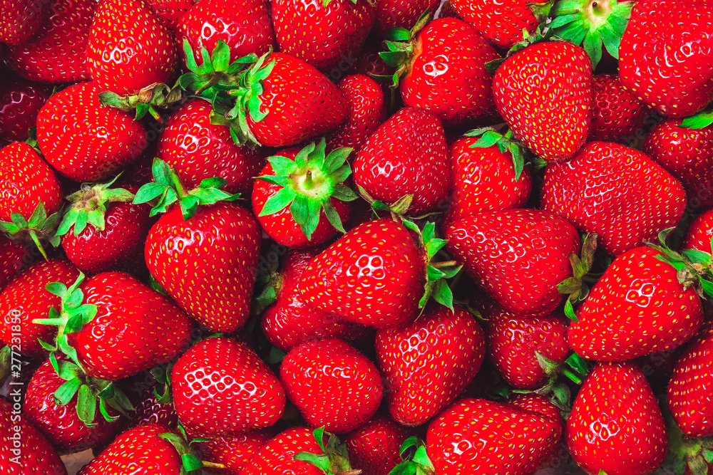 many red ripe strawberries with green stalks - background many red ripe strawberries with green stalks - background
