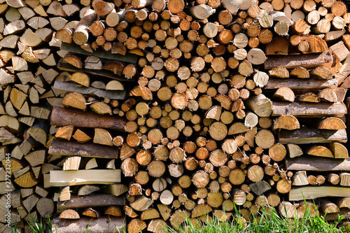 Wall of stacked wood logs as background. Pile of wood logs ready for winter. Wooden stumps  texture background. Firewood stacked and prepared for winter. Woodpile.