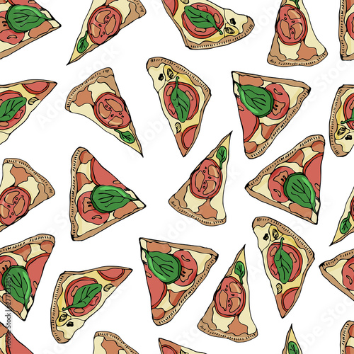 Seamless pattern with slices of  pizza on white background. Hand drawn ink  and colored sketch. Perfect for leaflets, cards, posters, prints, menu, booklets.