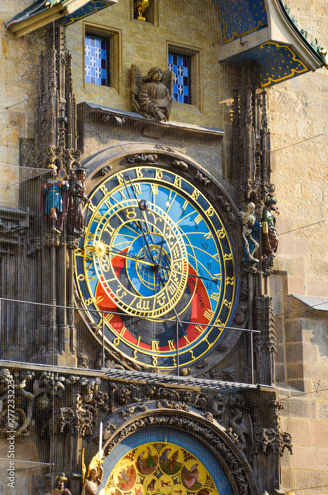 Prague Astronomical Clock, Bohemia, Czech Republic. Mounted on the southern wall of Old Town Hall in the Old Town Square of the Czech capital. Famous tourist attraction. Orloj, Praga, Czechia