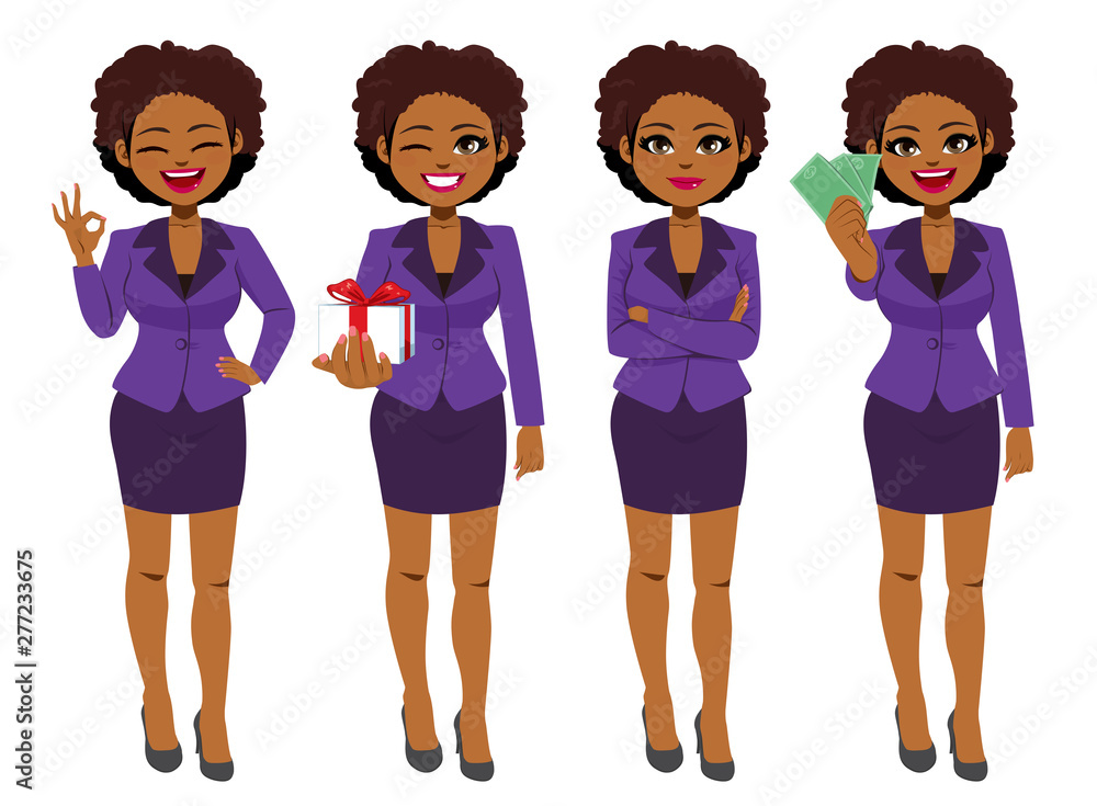 Beautiful young African American Black businesswoman set collection standing in different poses