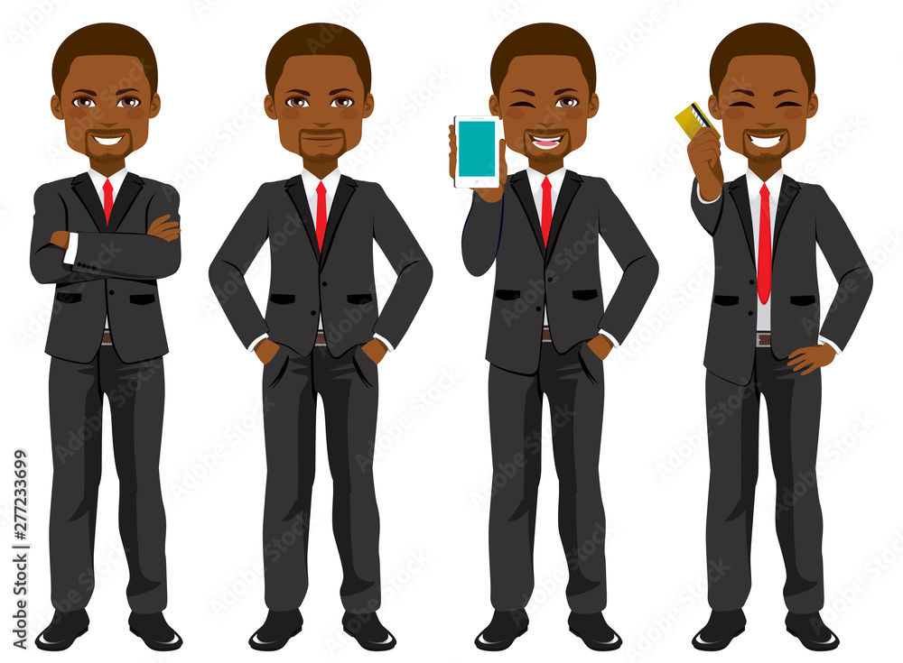 Confident African American black businessman set collection standing in different poses Confident African American black businessman set collection standing in different poses