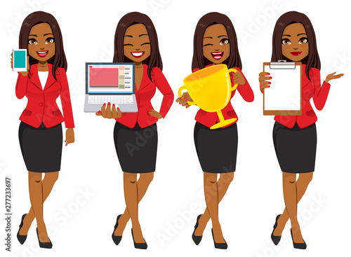 Beautiful young African American Black businesswoman set collection standing holding different object