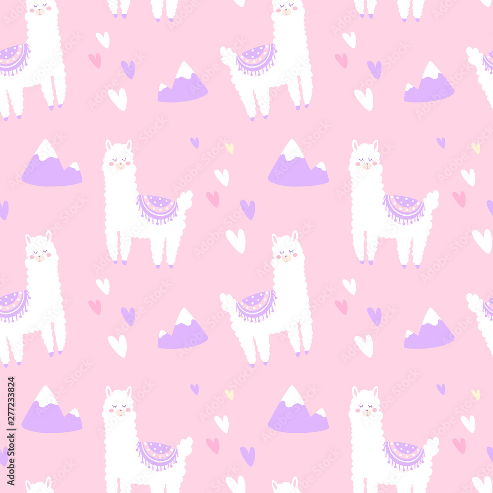  Cute seamless pattern. Llamas on a pink background