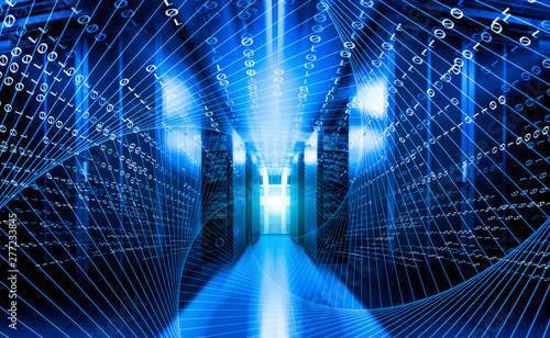 High speed with binary code numbers on motion blurred path or track in server data center, speed and faster digital matrix technology information concept. photo