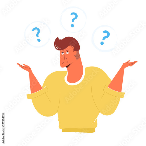 I dont know. Young handsome man shows helpless gesture and spread his hands. Around are question marks. Bright trendy character isolated on white background.