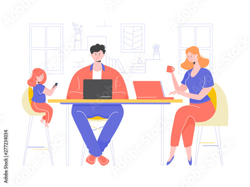 The family sits in the room at the table. Dad works at a laptop, mom reads articles on the Internet, daughter watches cartoons on the phone.
