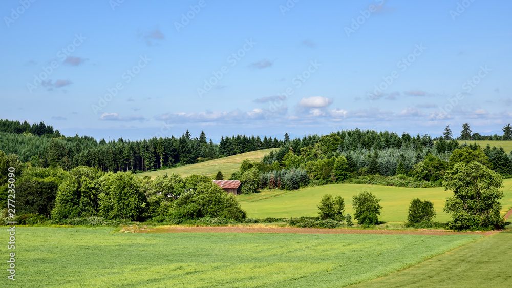 farm landscape of flowers and trees in the Pacific Northwest
