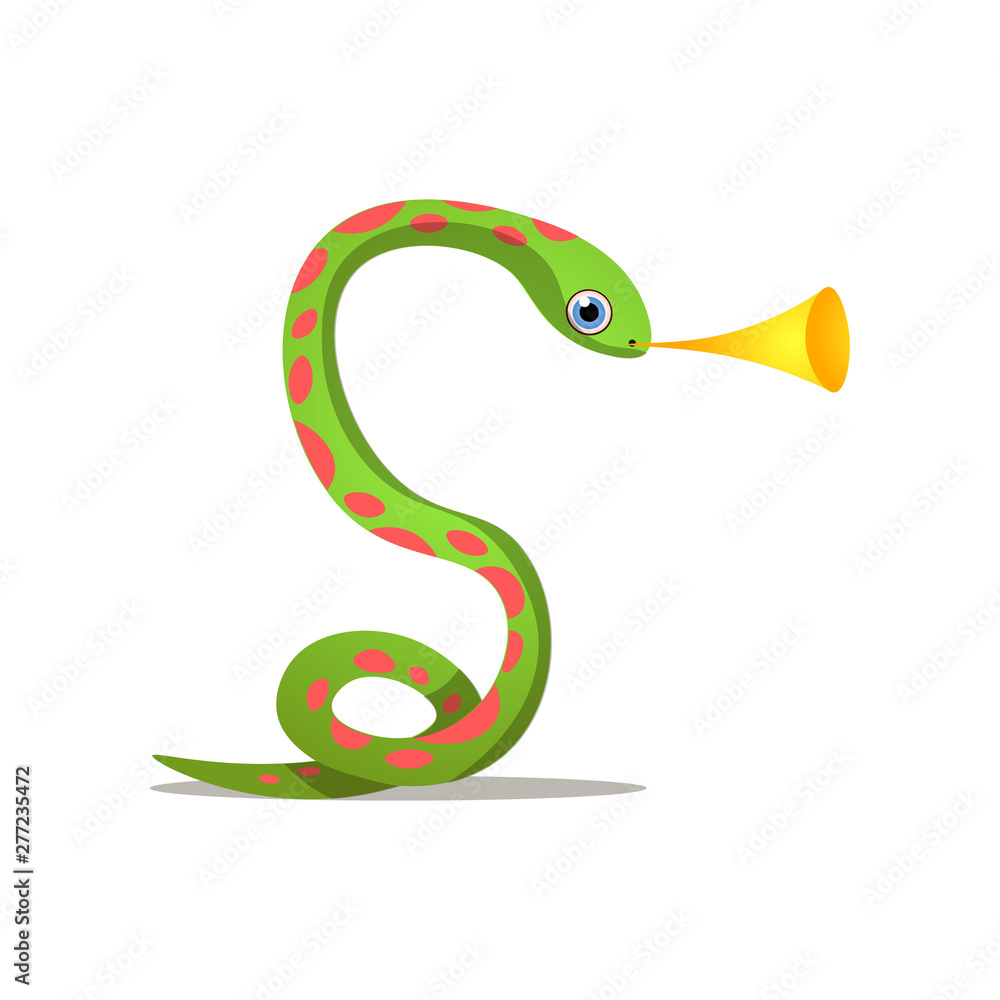 Cute green snake with red dots play at trumpet Cute green snake with red dots play at trumpet
