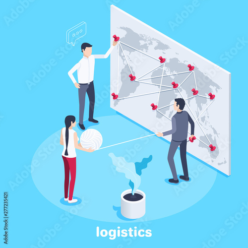 Isometric vector image on a blue background, young people working as a team next to a large world map, networking and logistics
