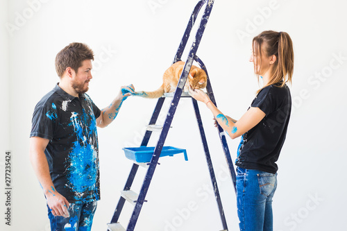 Renovation, repair and family concept - a young couple with cat doing renovation in new home