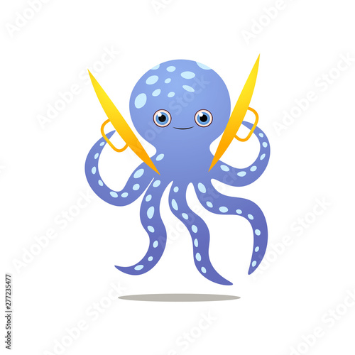 Cute smiling blue octopus play at gold cymbals