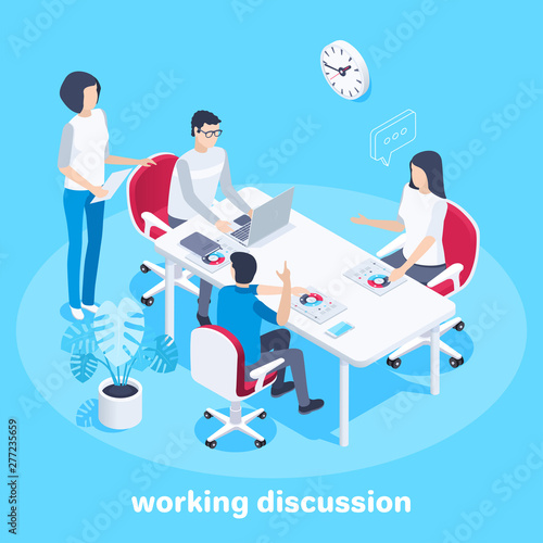 isometric vector image on a blue background, men and a woman in the office hold a briefing, a large office desk, a poster with diagrams and a flower in a pot