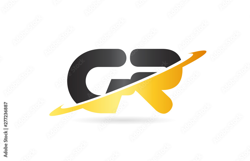 swoosh GR G R yellow black alphabet letter combination logo icon design