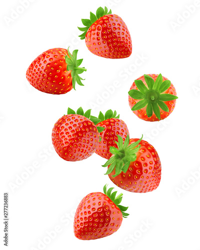 Falling strawberry isolated on white background, clipping path, full depth of field, high quality photo
