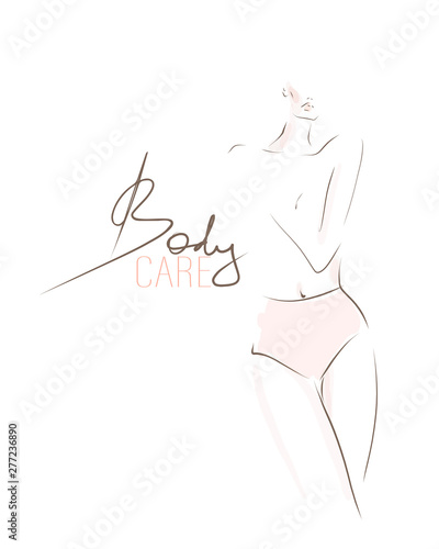 Slender body of young woman.  Female silhouette, sketch. Body care concept. Vector