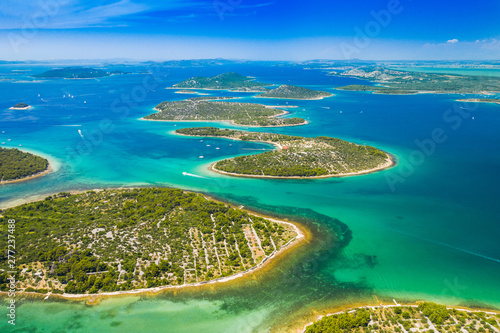 Beautiful Croatian coast  emerald and turquoise blue sea  Murter islands archipelago from air  Dalmatia  Croatia