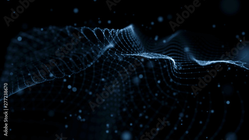 Wave 3d. Wave of particles. Abstract Blue Geometric Background. Big data visualization. Data technology abstract futuristic illustration. 3d rendering. © Alina