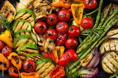 Seasonal summer grilled vegetables in a pan photo
