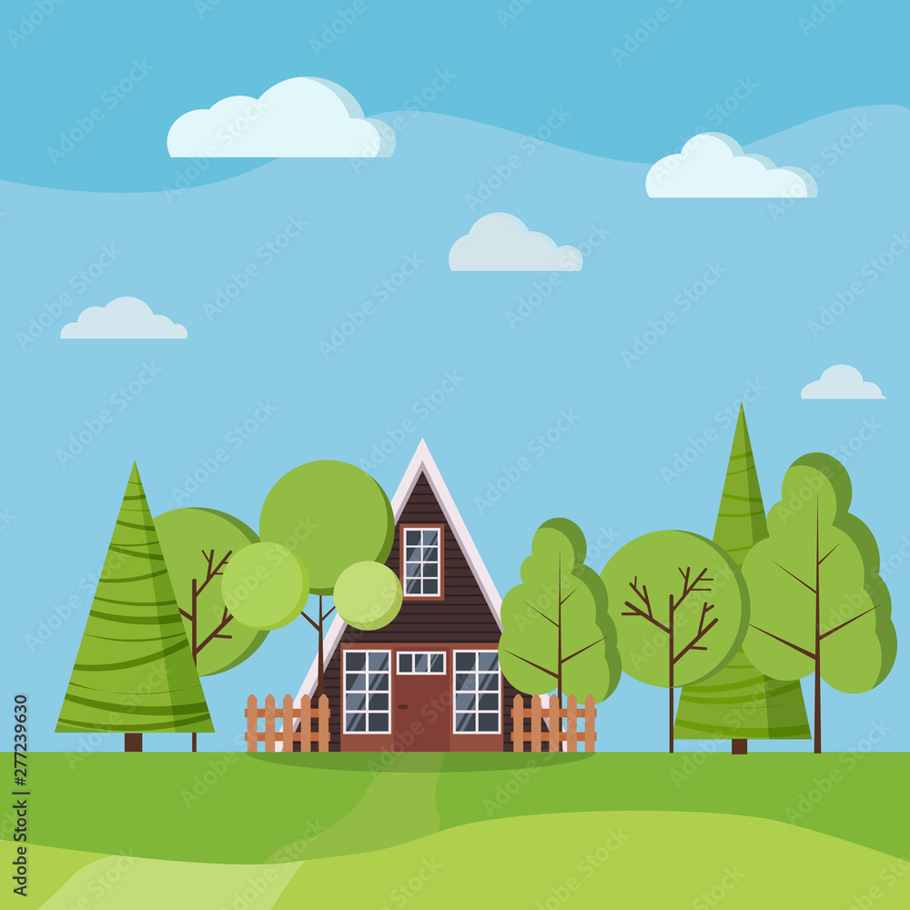 Summer or spring landscape with small a-frame house with fences, green trees, spruces, clouds, road, fields. Summer or spring landscape with small a-frame house with fences, green trees, spruces, clouds, road, fields.