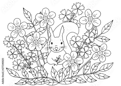 Coloring page with flowers and squirrel