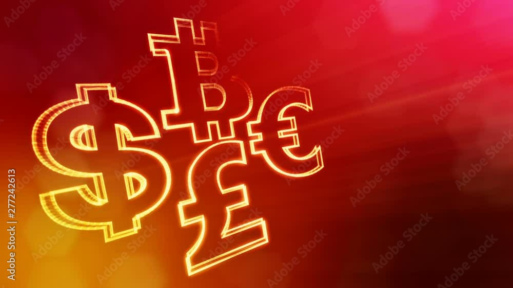 symbol bitcoin dollar euro pound.. Financial background made of glow particles as vitrtual hologram. 3D seamless animation with depth of field, bokeh and copy space. Red v7 symbol bitcoin dollar euro pound.. Financial background made of glow particles as vitrtual hologram. 3D seamless animation with depth of field, bokeh and copy space. Red v7