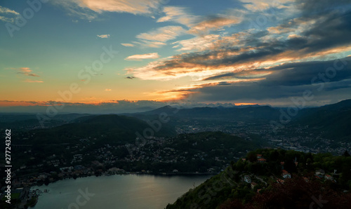Beautiful view of the sunset on the Brunate mountain.