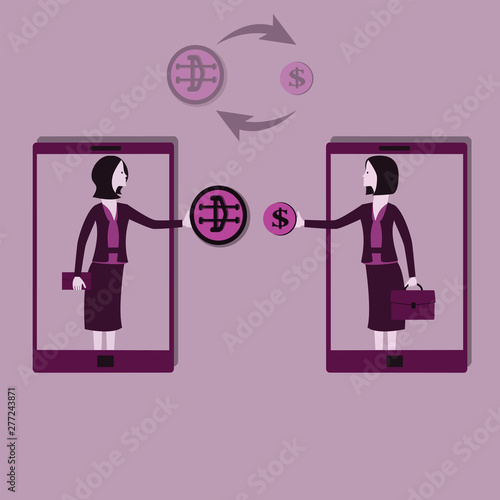 People exchange between cryptocurrency and fiat currency via mobile application - vector
