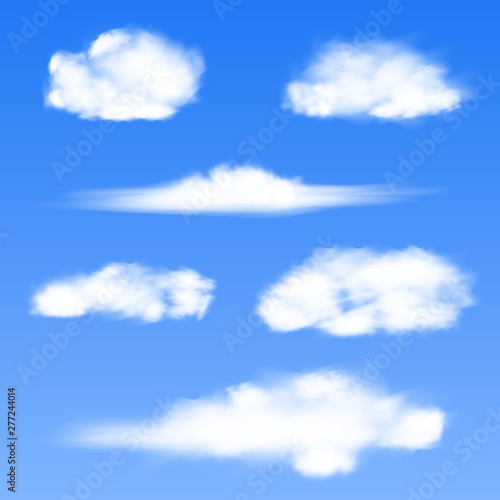Set of realistic images of white clouds on a blue background. Created using gradient mesh. Vector EPS 10.