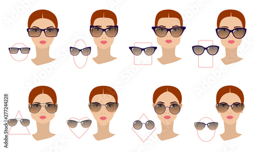 Female sunglasses shapes in accordance with the shape of the face. Eight Face shapes with options for spectacle frames on a white background. Flat design. Vector illustration