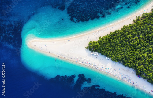 Croatia, Hvar island, Bol. Panoramic aerial view at the Zlatni Rat. Beach and sea from air. Famous place in Croatia. Summer seascape from drone. Travel - image photo