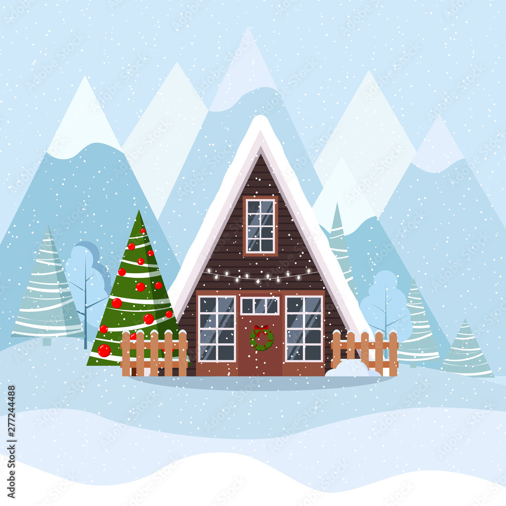 Winter christmas landscape with a-frame house in scandinavian style decorated garland and wreath