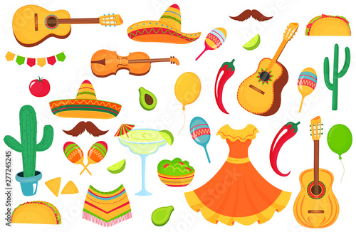 Mexican musical instruments, local food, clothing. Big set of decorative elements for the design of a poster, banner, flyer, greeting card, advertising.