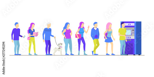 Cartoon Different Characters People in Atm Queue. Vector