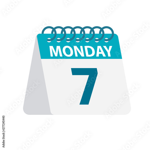 Monday 7 - Calendar Icon. Vector illustration of week day paper leaf. Calendar Template