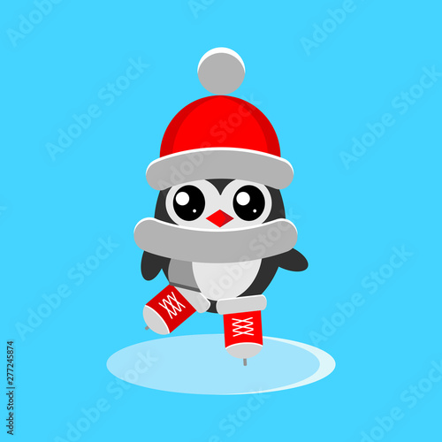 Isolated penguin in red hat, scarf and skates ice skating on the rink in flat style. © Irina