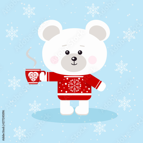 A cute christmas polar bear in red sweater with red cup of tea or coffee in snow background in cartoon flat style.