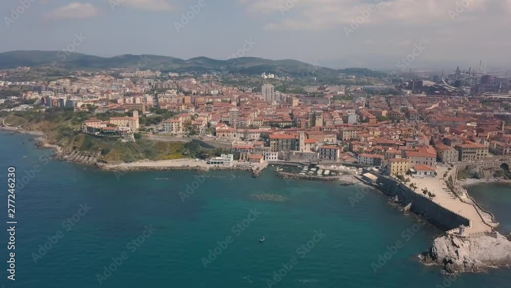 Aerial view of the coast of Piombino. Panoramic view of the city. Maremma Tuscany Italy. Aerial view of the coast of Piombino. Panoramic view of the city. Maremma Tuscany Italy.