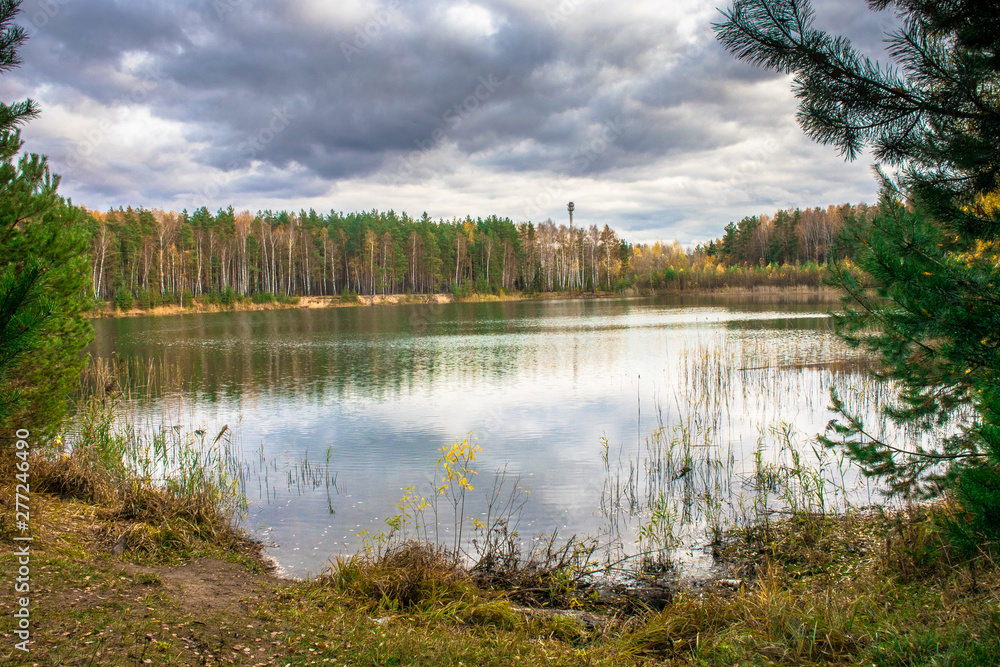 Autumn landscape on the Lake Biserovo, Moscow region, Russia.