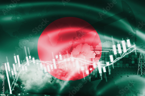 Bangladesh flag, stock market, exchange economy and Trade, oil production, container ship in export and import business and logistics. photo