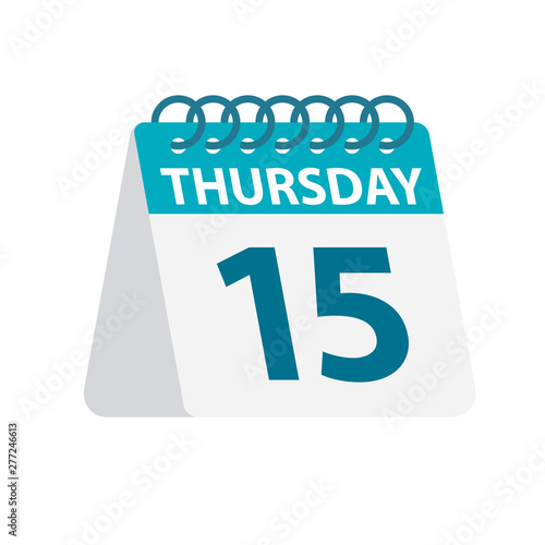 Thursday 15 - Calendar Icon. Vector illustration of week day paper leaf. Calendar Template