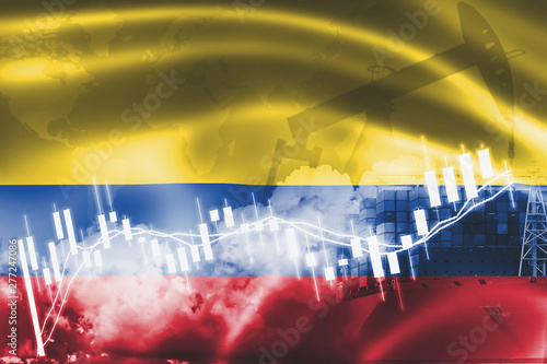 Colombia flag, stock market, exchange economy and Trade, oil production, container ship in export and import business and logistics.