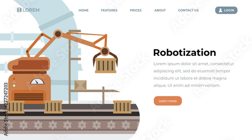 Factory equipment robotization vector landing page. Automated production line, containers on conveyor belt, robot hand holding box. Automotive manufacturing process website homepage layout