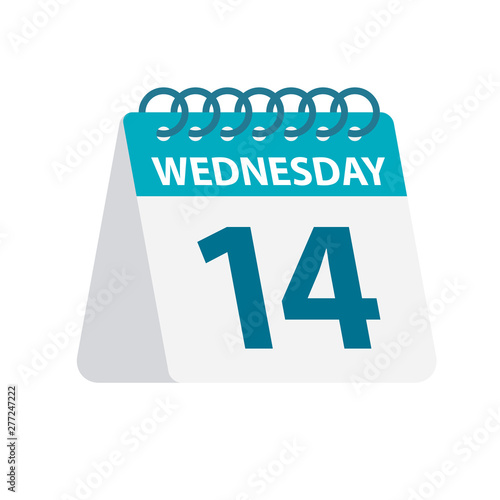 Wednesday 14 - Calendar Icon. Vector illustration of week day paper leaf. Calendar Template