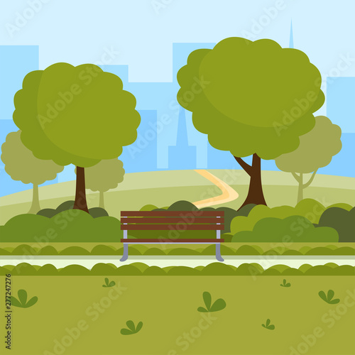 Urban park cartoon vector illustration. Outdoor leisure on nature public place, green trees, wooden benches and modern buildings cityspace. Recreational downtown central park color drawing