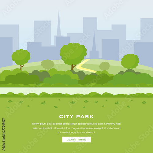 Modern city park vector landing page. Green trees and bushes walkway, skyscrapers cityspace, outdoor leisure on nature public area. Recreational urban park, botanical garden color website homepage