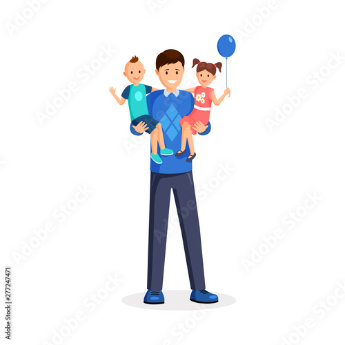 Man holding children flat vector illustration. Happy dad, babysitter, little toddler and smiling girl with balloon cartoon characters. Cheerful parent with kids, babysitting, father day celebration
