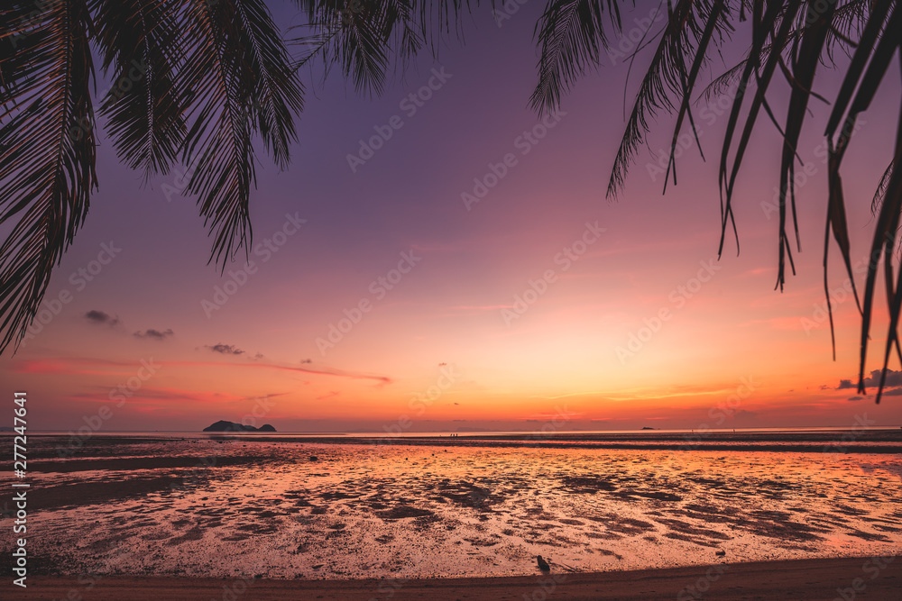 Beautiful Silhouette coconut palm tree on the tropical beach. Bright colorful sunset sky over the ocean water, Thailand.
