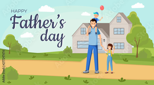 Family holiday flat banner vector template. Young father holding daughter hand, carrying little son on shoulders cartoon characters. Happy dad and kids standing together illustration with typography