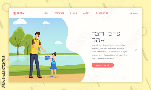 Parenting forum landing page vector template. Single fathers advice website homepage interface idea with flat illustrations. Father day webpage cartoon concept with daughter congratulating dad